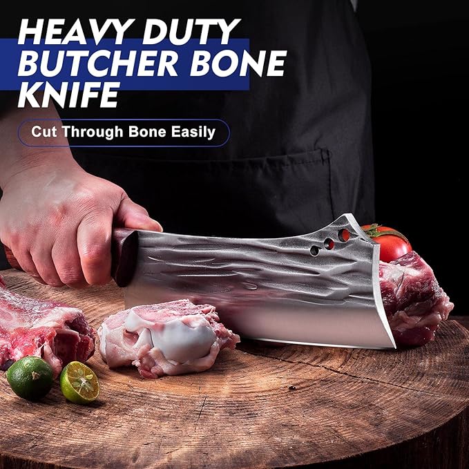 2PCS Meat Cleaver & Heavy Duty Bone Chopper Knife Set, Hand Forged German High Carbon Stainless Steel Butcher Knife for Home Kitchen & Outdoor