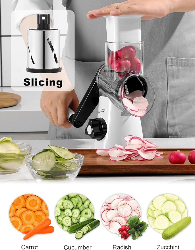 Cheese Grater Rotary, Rotary Grater for Kitchen, Kitchen Grater Vegetable Slicer with 3 Drum Blades, Fast Cutting Cheese Shredder for Vegetables and Nuts