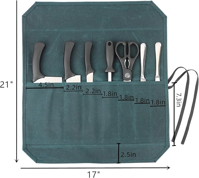 Denifiter Heavy Duty Waxed Canvas Chef Knife Storage Roll Bag With 7 Slots, Waterproof And Durable (Dark Green)