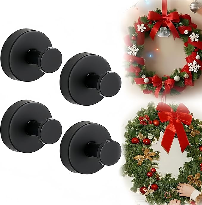 Suction Cup Hooks for Wreaths on Glass, 2026 Upgrade No Drill Towel Hooks Stainless Steel Waterproof Suction Cup Hooks, Wreath Hanger for Front Door for Kitchen, Bedroom (4, Black)
