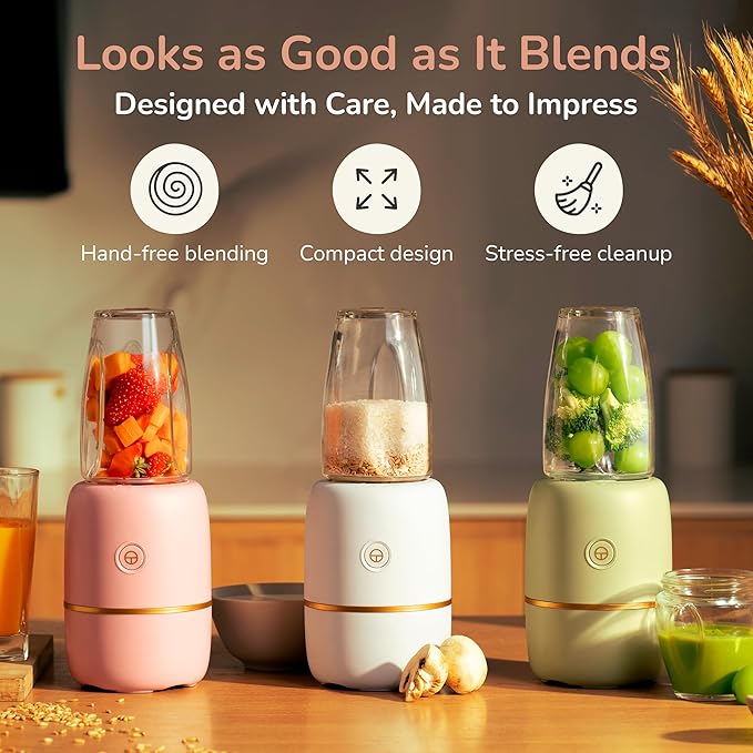 Bubble Blender, Baby Food Maker & Puree Blender with 2 Borosilicate Glass Cups, Compact Baby Bullet for Smoothies, Hands-Free One-Touch, 200W Motor, Rose