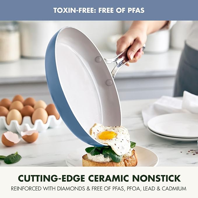 GreenPan Nova 8” & 10” 2 Piece Frying Pan Skillet Set, Oprah’s Favorite Things 2024, Induction Suitable PFAS-Free Nontoxic Ceramic Nonstick, Dishwasher & Oven Safe, Quick Even Heating, Ocean Blue