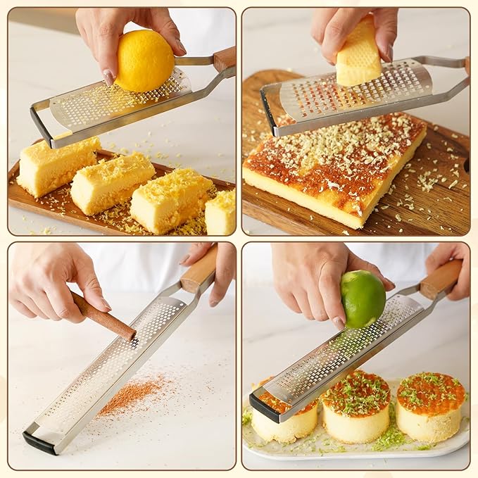 SHIKORI Professional Cheese Graters for Kitchen Stainless Steel Handheld, Metal Lemon Zester Grater With Wood Handle For Cheese, Chocolate, Spices, Kitchen Gadgets And Tools-Wideboard