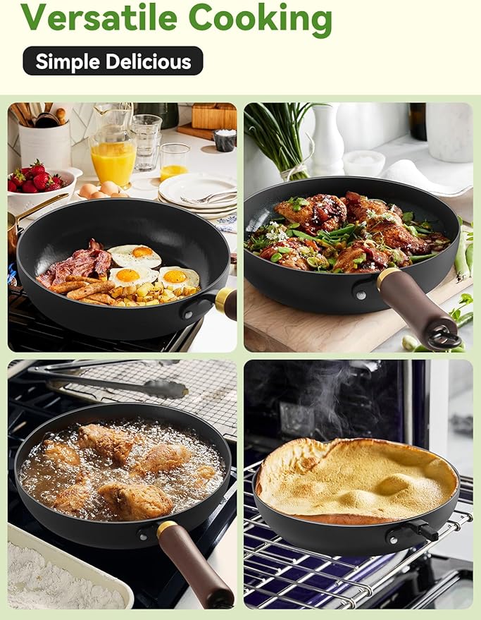 Enameled Carbon Steel Skillet, 9.5-Inch Nonstick Frying Pan, Stay-Cool Wooden Handle, Non Toxic, PTFE & PFOA Free Oven-Safe, Season-Free Carbon Steel Pan