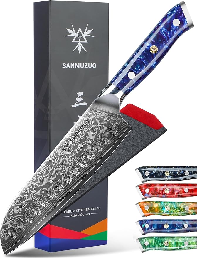 Santoku Knife - 7 inch - Xuan Series - VG10 Damascus Steel Kitchen Knife - Resin Handle (Sapphire Blue)