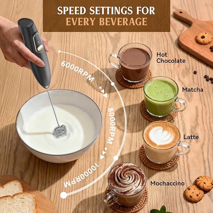 Rechargeable Milk Frother Wand with Stand, Electric Handheld Coffee Frother with 3 Detachable Whisks, Travel Milk Foamer for Protein Powder, Drinks, Espumador de Leche Electrico Black