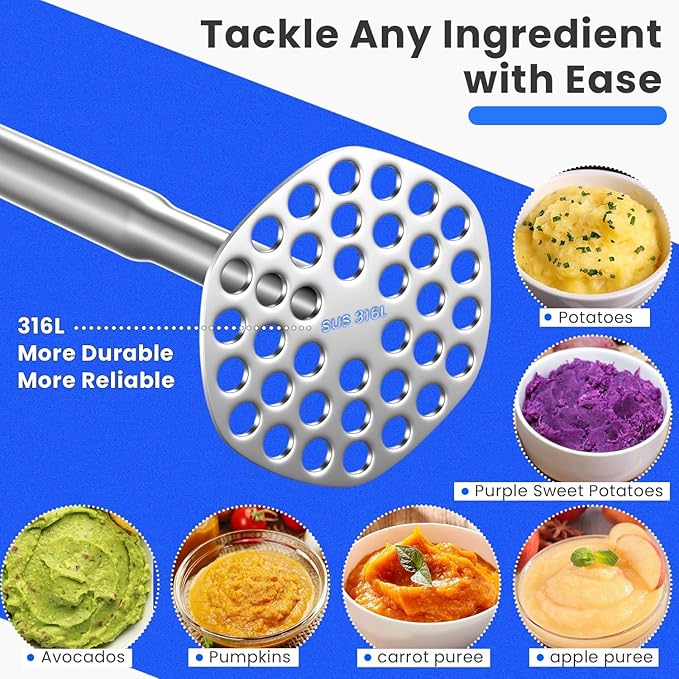 316L Potato Masher Stainless Steel, Sturdy Mashed Potato Masher Kitchen Tool, Solid Integrated Potatoes Smasher for Beans, Avocados, Squash, Dishwasher Safe, 8.8 Inch