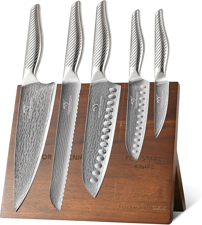 NANFANG BROTHERS® Kitchen Knife Set with Magnetic Knife Holder, 6-Piece Damascus Steel Knives & Acacia Wood magnetic Block - Includes Chef, santoku, Bread, Small Santoku, Fruit Knives