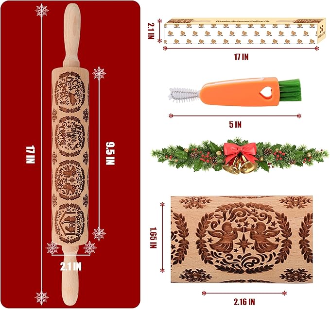 17" Premium Wooden Rolling Pins for Baking with Nativity Embossed Designs | 3mm Deep Springerle Cookie Molds | Christmas Rolling Pin & Baking Gifts for Women | Includes 3-in-1 Cleaning Brush