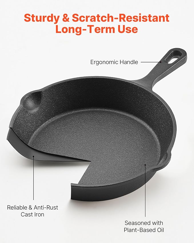 VEVOR Cast Iron Skillet, 4-Piece Frying Pan Set (6, 8, 10, 12 in), Skillets with Heat-Resistant Silicone Handle, Pre-Seasoned Chef's Pan, Kitchen Cookware, for Oven, Gas, Electrical, Induction, Black