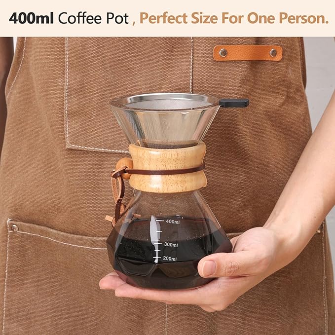 Pour Over Coffee Maker 14 OZ, 4 Cup Borosilicate Glass Drip Coffee Maker with Reusable Stainless Steel Filter and Cork Grip for Home Café 400 ML (Diamond Shape)