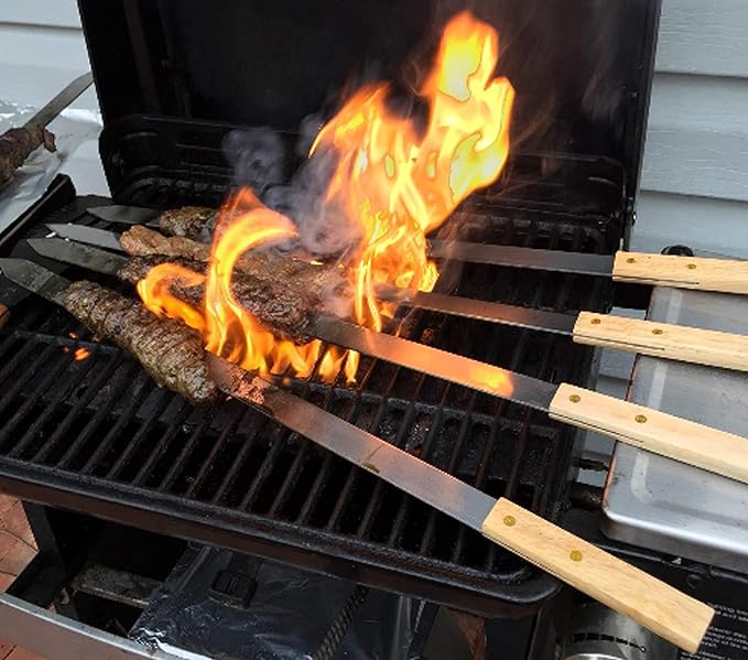 G & F Products BBQ Skewers, 23" x 5/8" Stainless Steel Flat Metal Skewers with Wooden Handles, Heavy-Duty 8-Piece Set with Camouflage Carry Bag for Grilling Meat, Vegetables, and Outdoor Cooking
