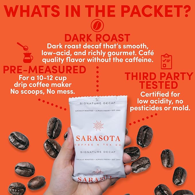 Sarasota Coffee Ground Packets | Gourmet Decaf Medium-Dark Roast Ground Coffee Packs | Decaf | Low Acid Mold Free Individual Single Pot Pouches for 12 Cup Coffee Maker | 2 Ounce Bags, 12 Count