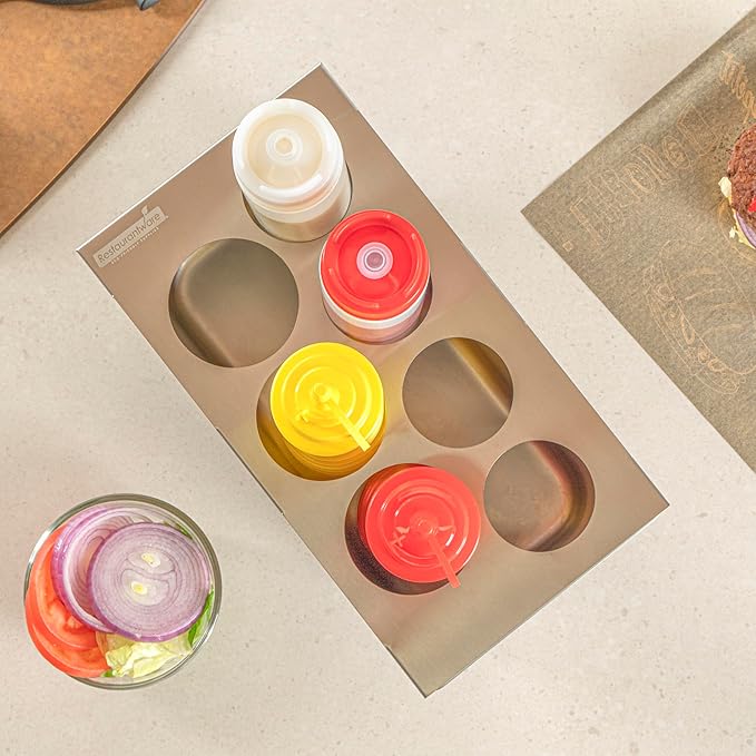Restaurantware Squeeze Bottle Template Pack of 1 Stainless Steel 7 Hole Holder Top, 2.5" and 2.93" Diameter Fits 1/3 Size Food Pans, Dishwasher Friendly Integrated Lip Design Holder Top