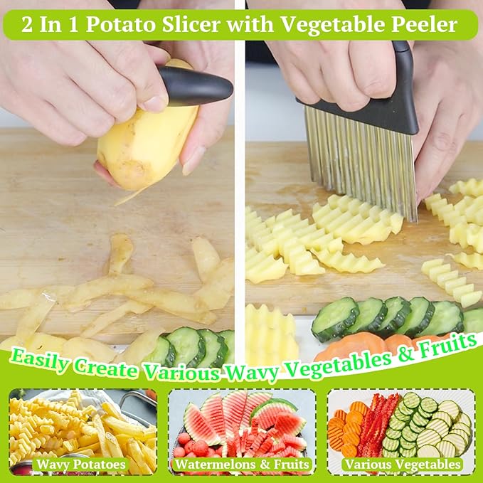 Suuker Crinkle Cutter, 2 In 1 Potato Slicer Wavy Chopper with Vegetable Peeler, Stainless Steel Wavy Slicer Crinkle Cutting Chopping Tools for Potatoes Carrot Chips and Fruits, Vegetables, Onions