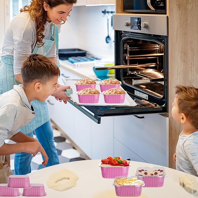 Mini Square Cake Pans with Lids，BAKINGPAK 30PCS 10OZ Mini Cake Pans with Lids Individual Cupcake Containers Mini Disposable Cake Pans with Lids Mini Aluminum Pans with Lids for Baking Party, Pink