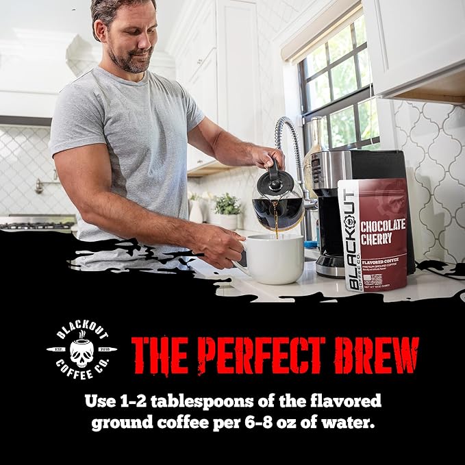 Blackout Coffee Chocolate Cherry Flavored Ground Coffee – Medium Roast, Smooth Taste, Guilt-Free Indulgence – Freshly Roasted 12oz Pouch, American Made