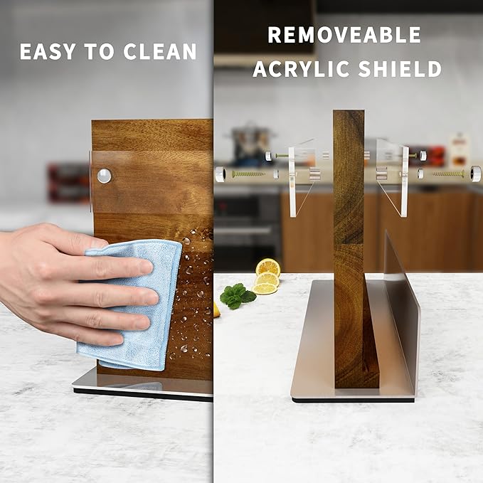 Acacia Wood Magnetic Knife Block Stand with Thickened Acrylic Shield - Double-Sided Powerful Magnet Holder for 10+ Knives, Anti-Slip Base & Space-Saving Design
