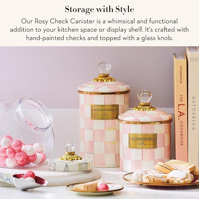 MACKENZIE-CHILDS Medium Enamel Canister, Kitchen Storage Container for Flour and Sugar, 1.42 Liters, Pink-and-White Rosy Check