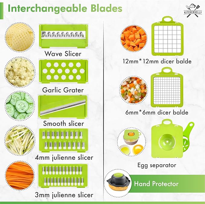 16-in-1 Vegetable Chopper with 8 Blades, Veggie Slicer & Dicer, Food Chopper with Container & Lid, Onion Chopper, Salad Chopper