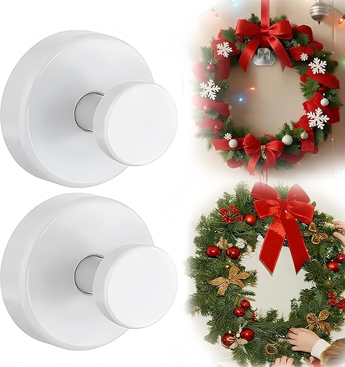 Suction Cup Hooks for Wreaths on Glass, 2026 Upgrade No Drill Towel Hooks Stainless Steel Waterproof Suction Cup Hooks, Wreath Hanger for Front Door for Kitchen, Bedroom (2, White)