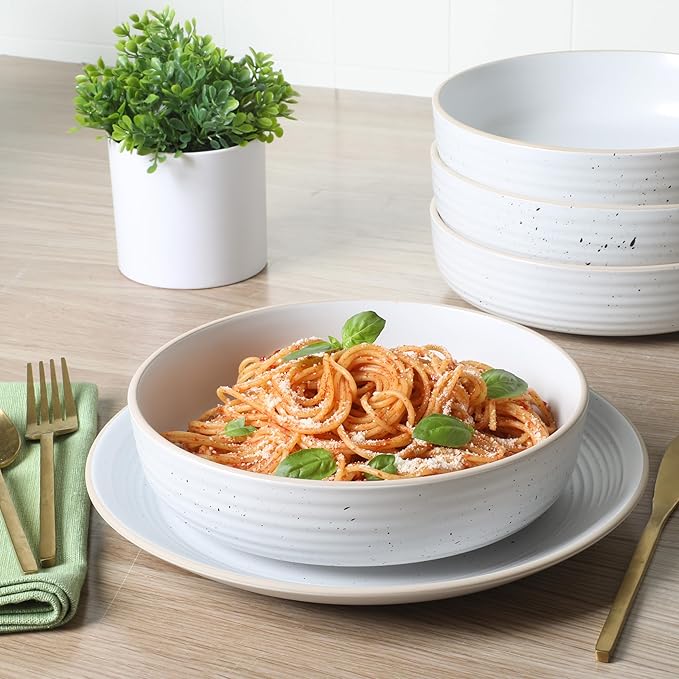 Gibson Home Dinah 16-Piece Matte White Stoneware Dinnerware Set – Double Bowl, Embossed Speckled Design, Durable Kitchen Dinnerware