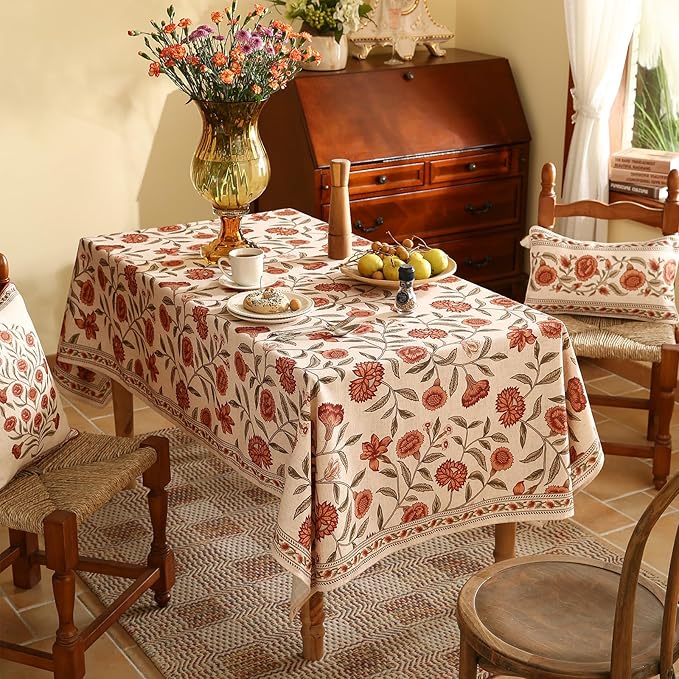 ISAENNE Designer French Extra Long Rectangular Tablecloth,Linen Orange Floral Pattern Indoor Table Cloth,Wrinkle Resistant Decor Table Cloth for Dining Thanksgiving Kitchen,63"*110"-Alvarado D