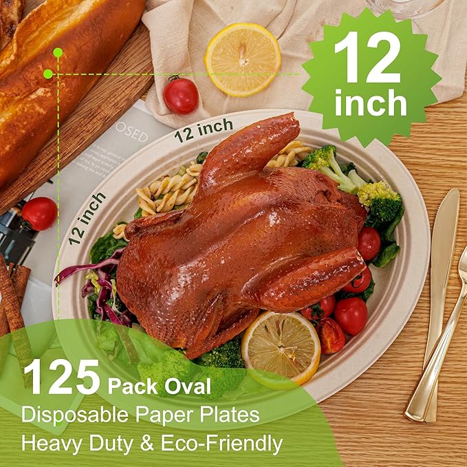 100% Compostable Oval Paper Plates 12 Inch, 125-Pack Large Heavy Duty Paper Plates Bulk,Biodegradable Bagasse,Eco-Friendly Disposable Dinner Plate for BBQ,Picnic,Party (BPI Certified,Microwaveable)