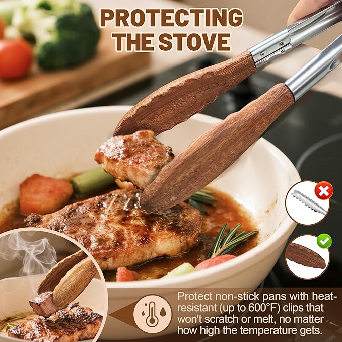 Wooden Tongs for Cooking, Multi-Purpose for Tossing Salads, Grilling, Flipping Food & Serving Bread - Strong Grip Walnut Wood Tips, Heat Resistant & Non-Deforming (9 inch)
