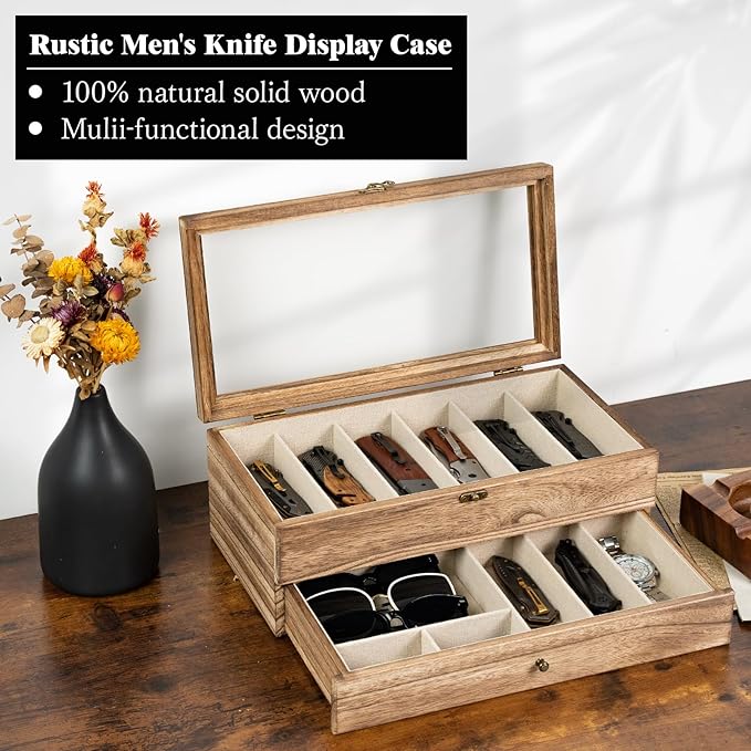 Knife Display Case, 2-Layer Pocket Knife Case Display & Storage Knives, Solid Wood Knife Case for Collections, Gift for Boyfriend Fathers Day Birthday Gifts(Brown)