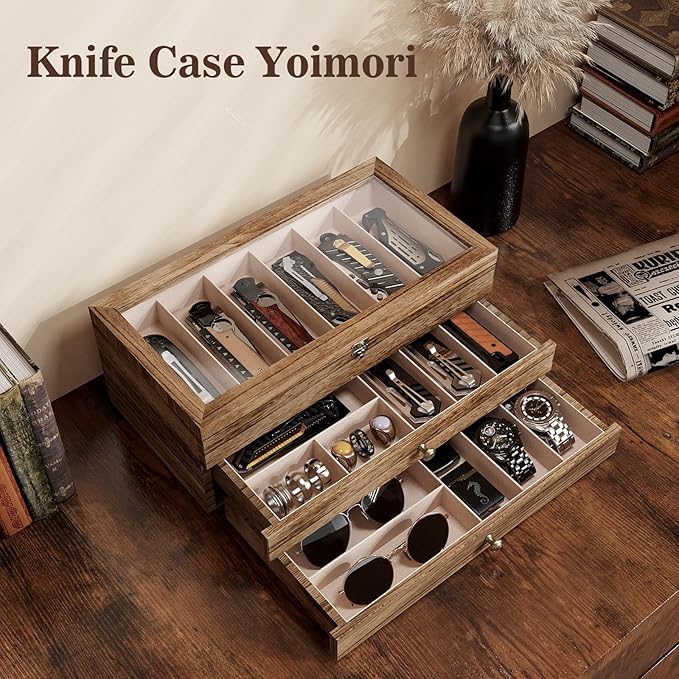 Knife Display Case, 3-Layer Pocket Knife Case Display & Storage Knives, Solid Wood Knife Case for Collections, Gift for Boyfriend Fathers Day Birthday Gifts(Brown)