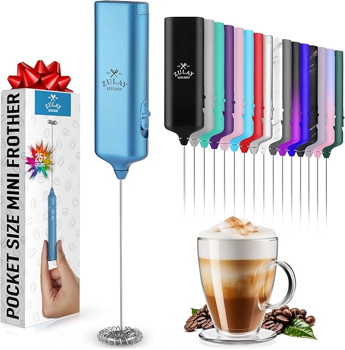 Mini & Mighty Milk Frother Wand – Powerful Handheld Coffee Frother, Battery Operated Drink Mixer – Compact Pocket Size – Detachable Whisk for Latte, Cappuccino, Matcha, Hot Chocolate – Metallic Blue