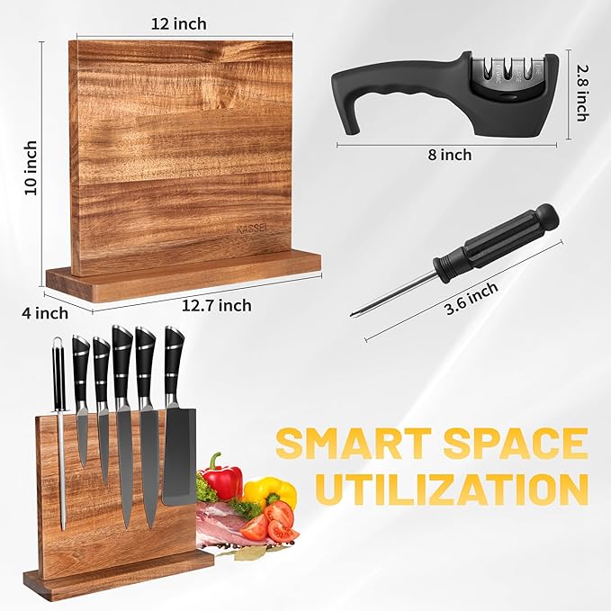 KASSEL Magnetic Knife Block with Knife Sharpener | Double-Sided Acacia Wood Magnetic Knife Holder | Kitchen Knife Display Stand for Countertops | Strong Magnet Knife Holder