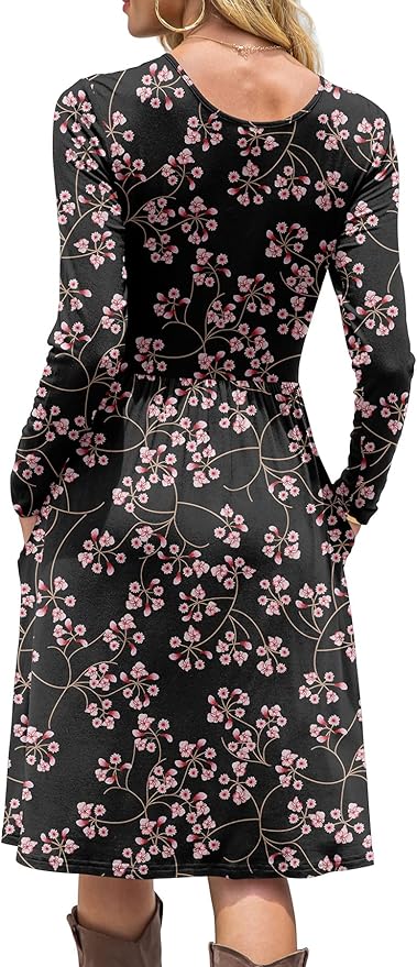 DB MOON Women Casual Long Sleeve Dresses Empire Waist Knee Length Loose Dress with Pockets