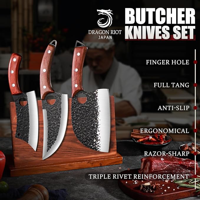 DRAGON RIOT Professional Butcher Knife Set for Meat Processing, 3Pcs High Carbon Steel Hand Forged Serbian Cleaver Chef Knife Set with Ergonomic Handles for Kitchen Outdoor Cooking
