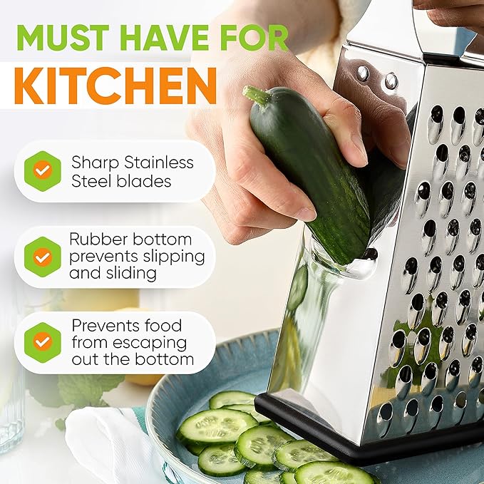 Spring Chef Professional Large Parmesan Cheese Grater, Stainless Steel Metal Box Grater with Handle, 4 Sided Handheld Kitchen Food Shredder for Cheese, Carrot, Veggie, Ginger, Potato - Dishwasher Safe