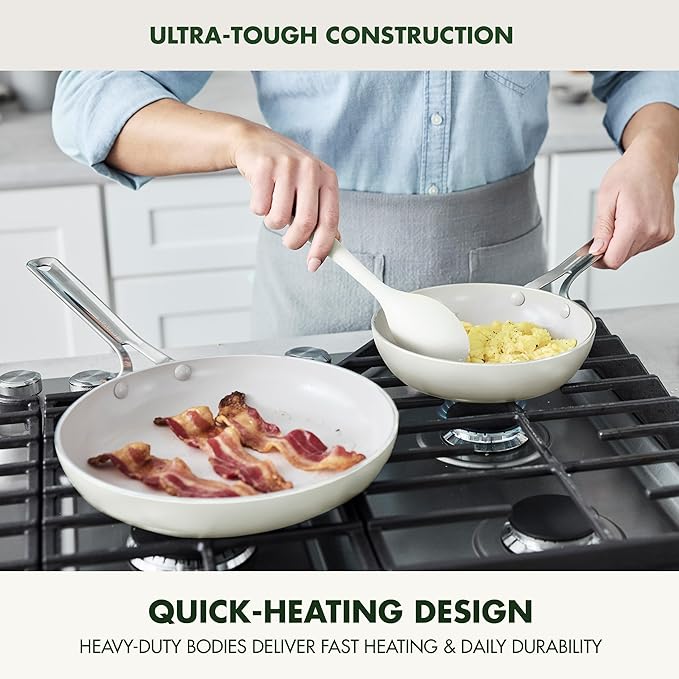 GreenPan Nova 8” & 10” 2 Piece Frying Pan Skillet Set, Oprah’s Favorite Things 2024, Induction Suitable PFAS-Free Nontoxic Ceramic Nonstick, Dishwasher & Oven Safe, Quick Even Heating, Cream White