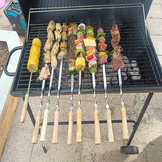 Large Size Kabob Skewers Flat Metal BBQ 22" Barbecue Skewer Wooden Handle Stainless Steel Shish Kabob Stick Wide Reusable Grilling Set Meat Shrimp Chicken Vegetable Kebab Fork Sausage-12PCS