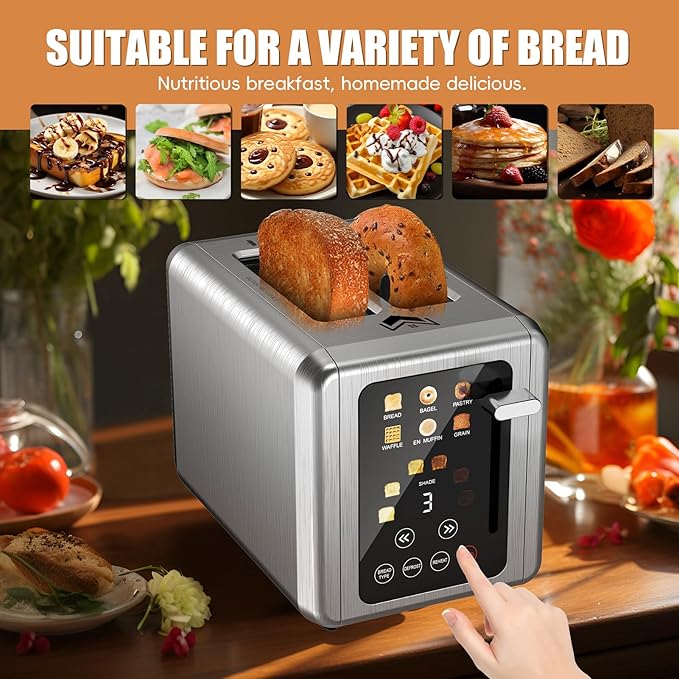 Touch screen Toaster 2 slice,Stainless Steel Digital Timer Toasters with Sound Function,6 Bread Types & 6 Shade Settings,Smart Extra Wide Slots Toaster with Bagel,Defrost Functions,Platinum