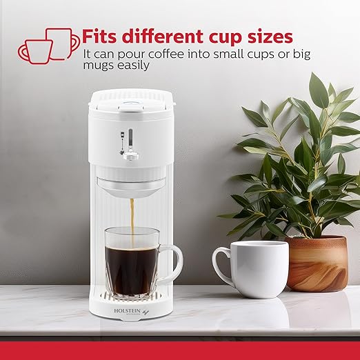 Holstein Housewares 2-in-1 Single Serve Coffee Maker, Dual Brew, Compatible with K-Cup Pods & Ground Coffee, Reusable Filter Included, Compact Drip Coffee Machine, 14oz Tank, Fits Most Cups - White