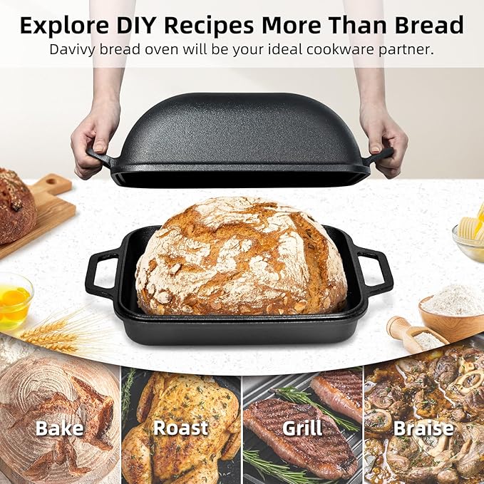 Davivy 9QT Large Dutch Oven for Sourdough Bread with Silicone Baking Mat, Pre-Seasoned Non-stick Cast Iron Sourdough Loaf Pan, Cast Iron Sourdough Baking Pan Large Capacity