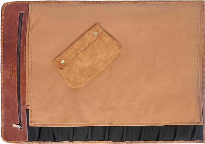 Leather Knife Roll Storage Bag, Elastic and Expandable 10 Pockets, Adjustable/Detachable Shoulder Strap, Travel-Friendly Chef Knife Case (Peanut, Canvas)