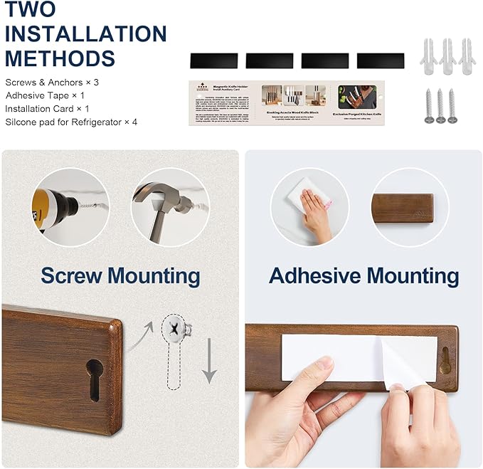 ENOKING Magnetic Knife Holder for Wall, 10 Inch Powerful Magnetic Knife Holder for Refrigerator, Knife Magnetic Strip No Drilling Acacia Wood Wall Knife Holder Magnet Magnetic Knife Bar with 2 Hooks