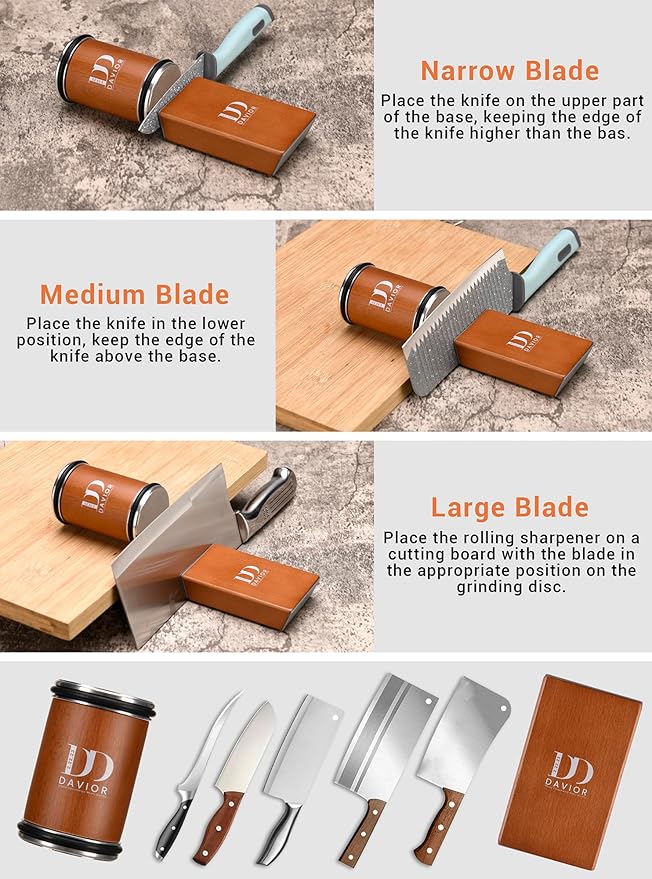 Davior Rolling Knife Sharpener Kit with Diamond Discs, 15° & 20° Multi Angle Magnetic Knife Sharpener Roller Tool for Kitchen and Pocket Knives, Finger Protector, Leather Strop & Carry Bag