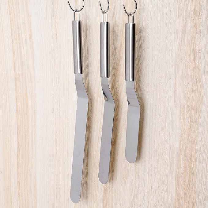 Cake Spatula Set – 6", 8", 10" Stainless Steel Offset & Straight Icing Spatulas for Cake Decorating and Frosting (Curved)