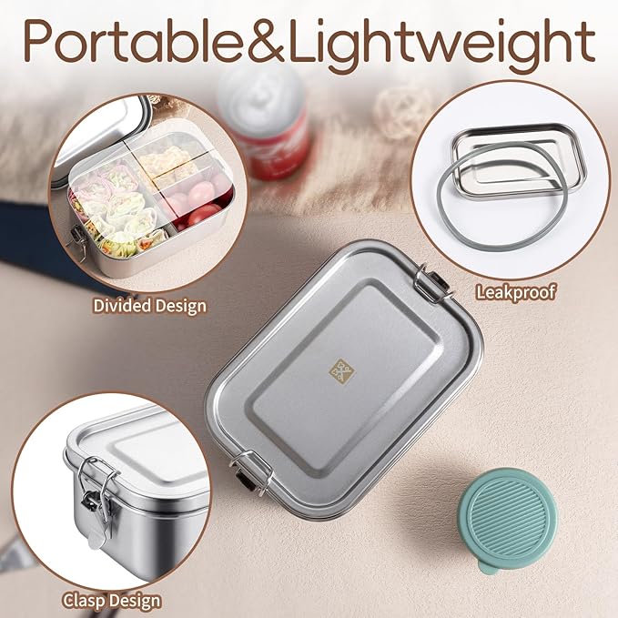 GOLDEN KEY Stainless Steel Bento Box for Kids,BPA Free Lunch Box for Kids with Leakproof Condiment Container,3 Compartment Bento box for School and Eating Out,Freezer & Dishwasher Safe(Green)