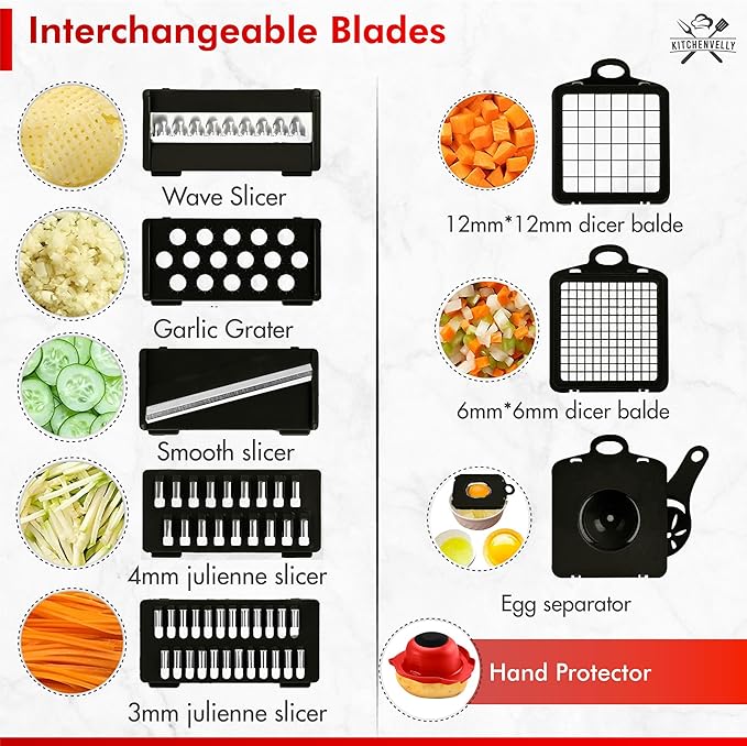 16-in-1 Vegetable Chopper and Slicer with 8 Blades – Veggie Cutter, Dicer, Food Chopper with Container & Lid – Multi-Purpose Kitchen Tool for Easy Meal Prep (Red)