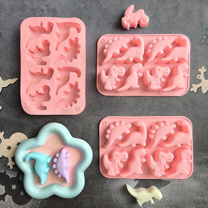 3PCS Pink Dinosaur Silicone Molds - 3D Dinosaur Cake Pan for Chocolate, Jello, Candy, Cupcake Toppers & Soap Making (Dinosaur Shape)