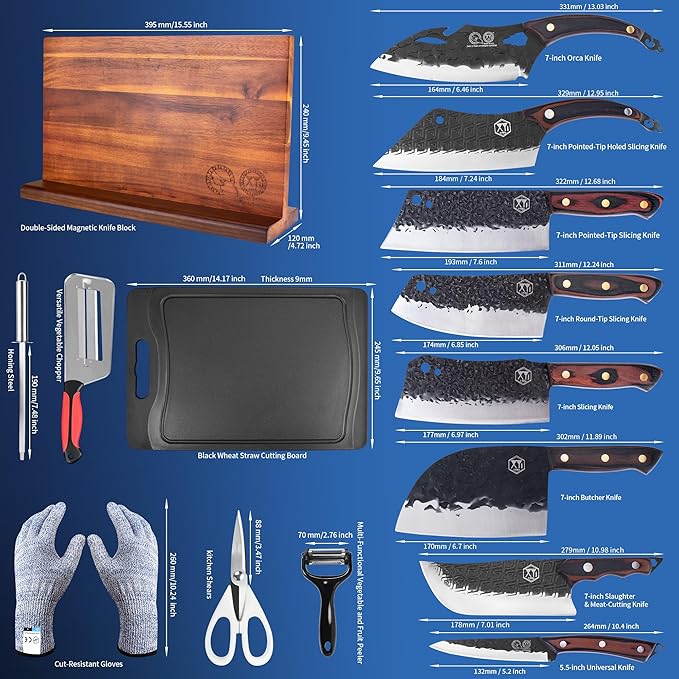 XYJ Authentic Since 1986, Kitchen Knife Block Set, High Carbon Steel Blades, Full Tang Knives Set with Block, Sharpener Rod, Scissors, Gloves, Utility Vegetable Butcher Slicing Slaguther Chef Knives