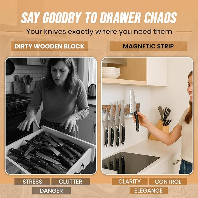 Magnetic Knife Holder for Wall 16 Inch |Premium Wood & White Resin| Epoxy Knife Magnetic Strip, Kitchen Knife Block Holder with Strong Magnet, Space-Saving, Handcrafted Style & Easy to Install
